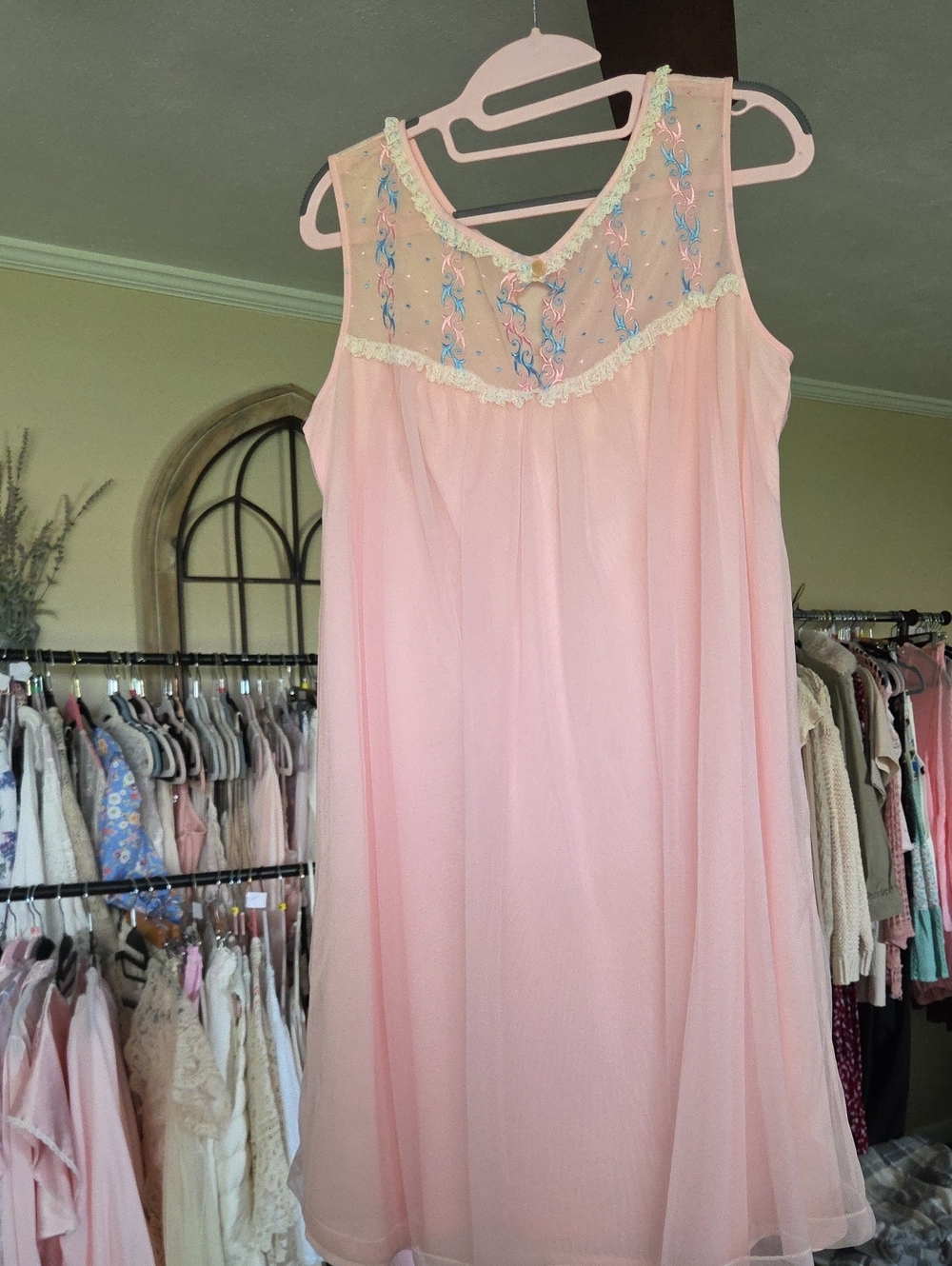 Vintage Pink Sleeveless Nightgown with Embroidered Yoke